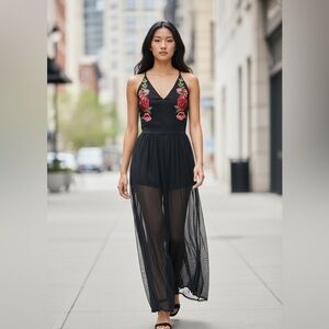 Jasmine - NWT - Black Embroidered Sheer Romper Dress